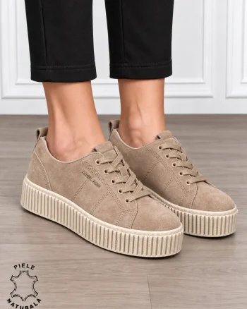 Pantofi sport damă din piele naturală intoarsa stil clasic CRL1868 KHAKI
