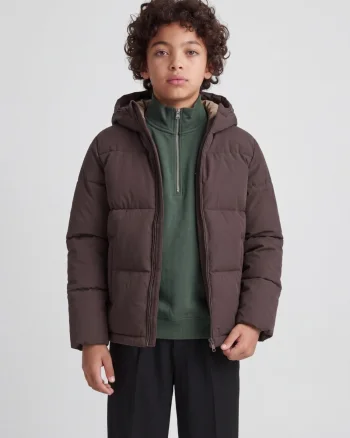Jack & Jones Geaca baieti, PUFFER, cu gluga, Regular fit, JJGALAXY, Maro inchis (SELECTATI MARIMEA: 128 cm)