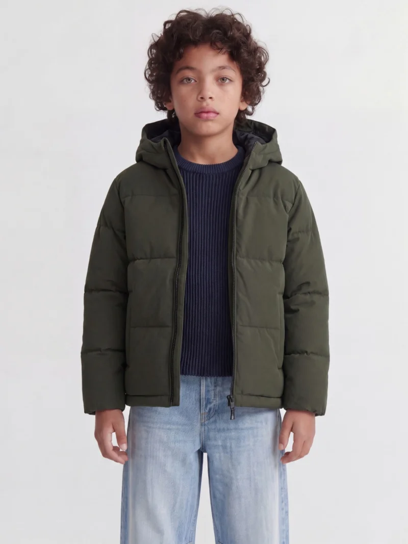 Jack & Jones Geaca baieti, PUFFER, cu gluga, Regular fit, JJGALAXY, Verde inchis (SELECTATI MARIMEA: 128 cm)