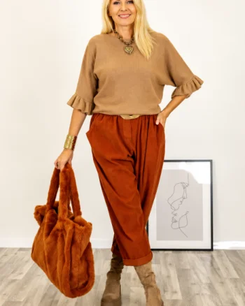 Pulover cu maneci scurte si volane la mansete din vascoza, camel