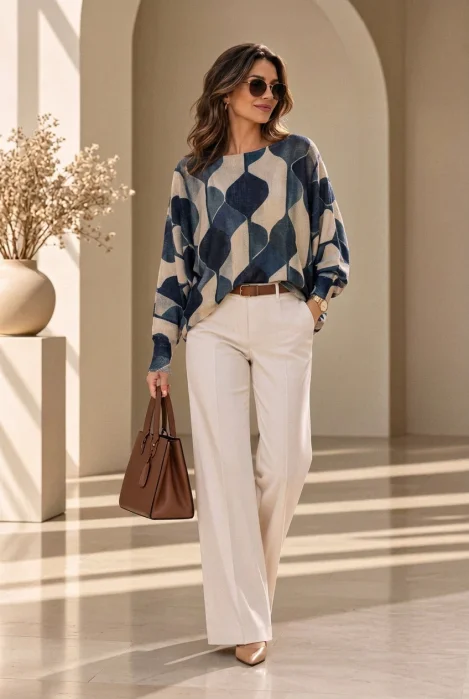 Bluza cu maneca fluture si imprimeu geometric abstract, albastru