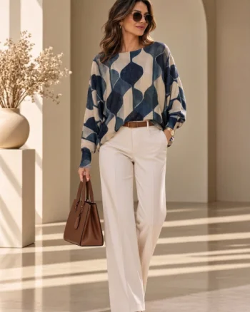 Bluza cu maneca fluture si imprimeu geometric abstract, albastru