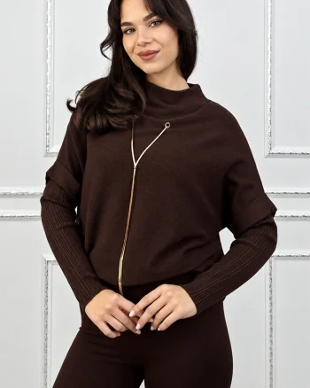Bluza dama ELVANA, cu guler inalt, maneci reiate si accesoriu auriu detasabil, Maro, Marime unica S/M