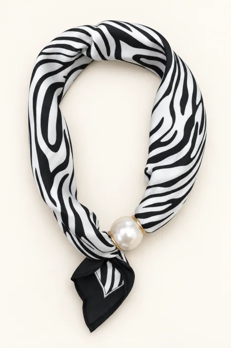 Esarfa colier satinata cu perla decorativa si inchidere magnetica, imprimeu animal print - zebra alb-negru