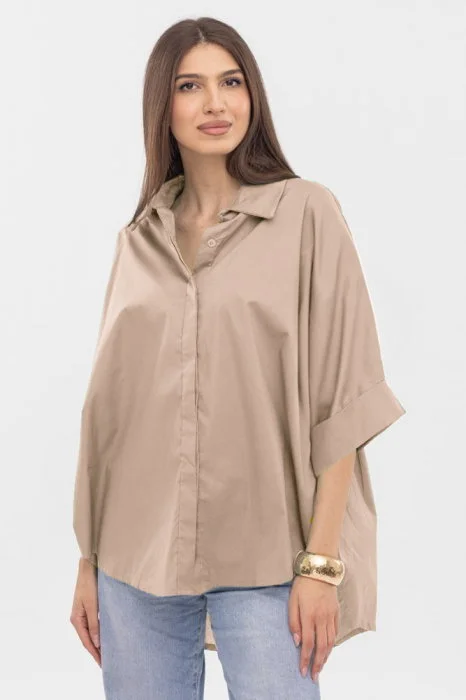 Camasa oversize bej din poplin satinat de bumbac, cu maneca lunga