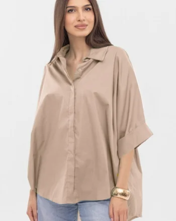 Camasa oversize bej din poplin satinat de bumbac, cu maneca lunga
