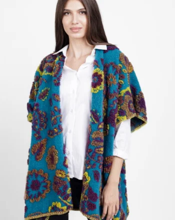 Blazer poncho cu detali colorate turcoaz, cu lana naturala