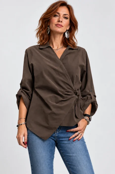 Bluza petrecuta din catifea reiata de bumbac cu drapaj lateral, bordo - Copie
