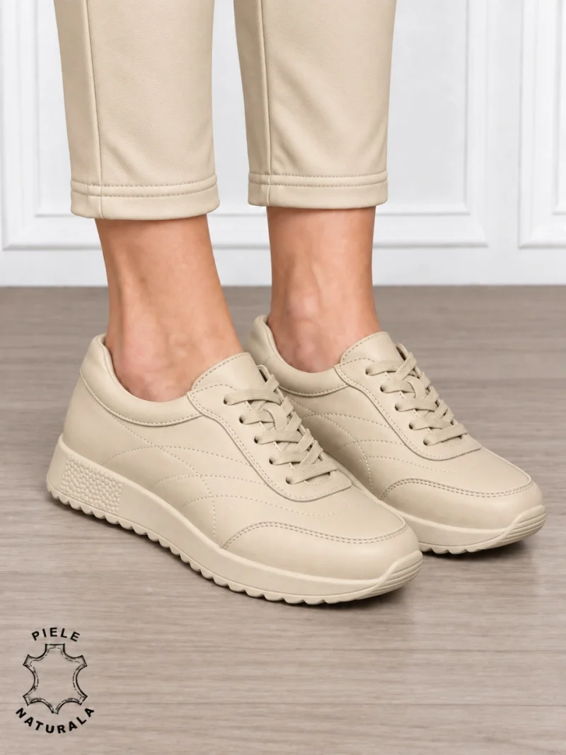 Pantofi sport damă din piele naturală cu cataramă decorativă în partea frontală CRL1895 BEJ INCHIS