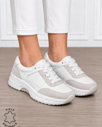 Pantofi sport damă din piele naturală și piele întoarsă cu design modern CRL1896 ALB