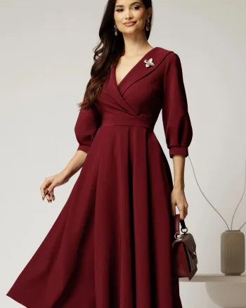 Rochie office din stofa bordo cu bust petrecut si rever