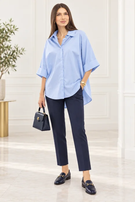 Camasa oversize bleu din poplin satinat de bumbac, cu maneca lunga