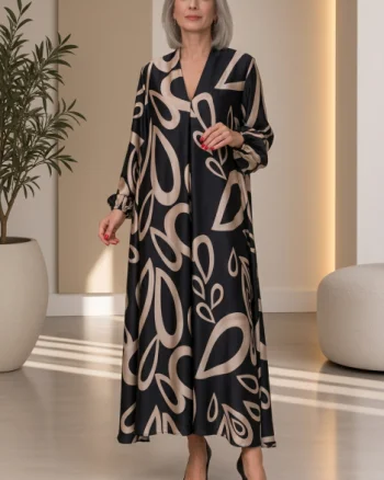 Rochie maxi din satin de matase si vascoza cu imprimeu grafic abstract alb negru