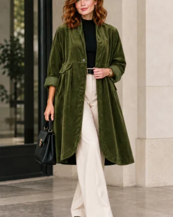 Jacheta lunga din catifea cu croi evazat, pliuri ample si design minimalist, verde olive