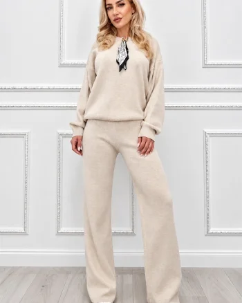Compleu dama MELIA tricotat, cu esarfa detasabila si pantaloni largi, Crem, Marime universala S/M/L