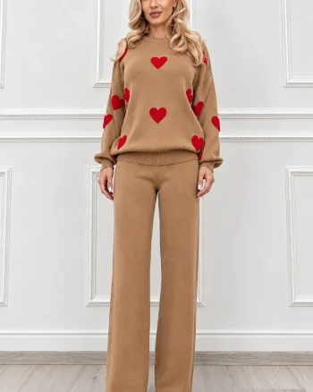 Compleu dama tricotat NERELIA, cu lana, bluza cu inimi si pantaloni drepti, Maro, Marime unica S/M/L
