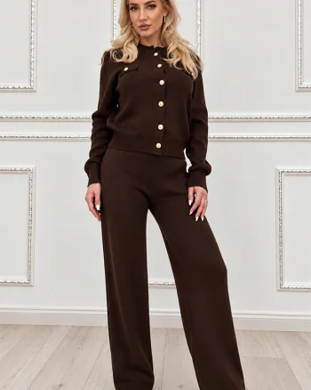 Compleu dama tricotat SELORA, cu lana, bluza cu nasturi aurii si pantaloni drepti, Maro inchis, Marime unica S/M/L