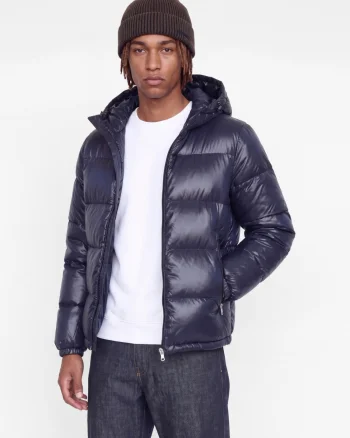 Jack & Jones Geaca barbati, PUFFER, cu gluga fixa reglabila cu snur, Regular fit, SHINY, Bleumarin inchis (SELECTATI MARIMEA: S)