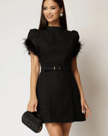 Rochie DY Fashion scurta neagra din tweed cu pene la maneci