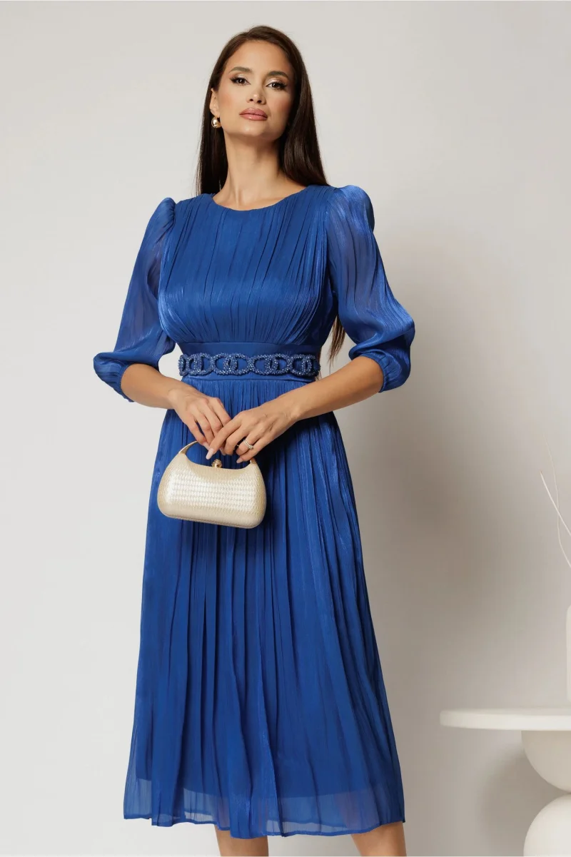 Rochie midi albastra de ocazie din voal peliculizat cu cordon detasabil