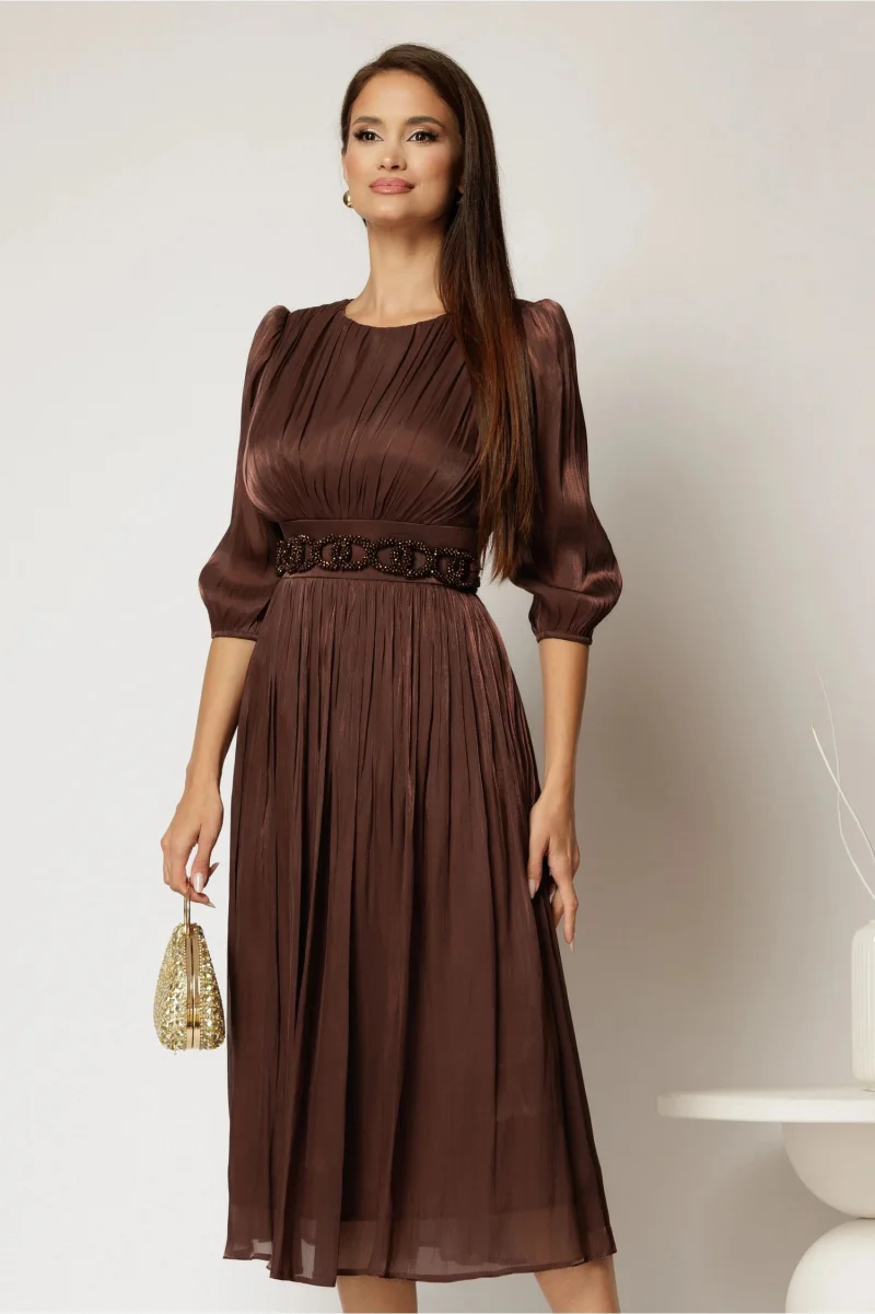 Rochie midi maro de ocazie din voal peliculizat cu cordon detasabil