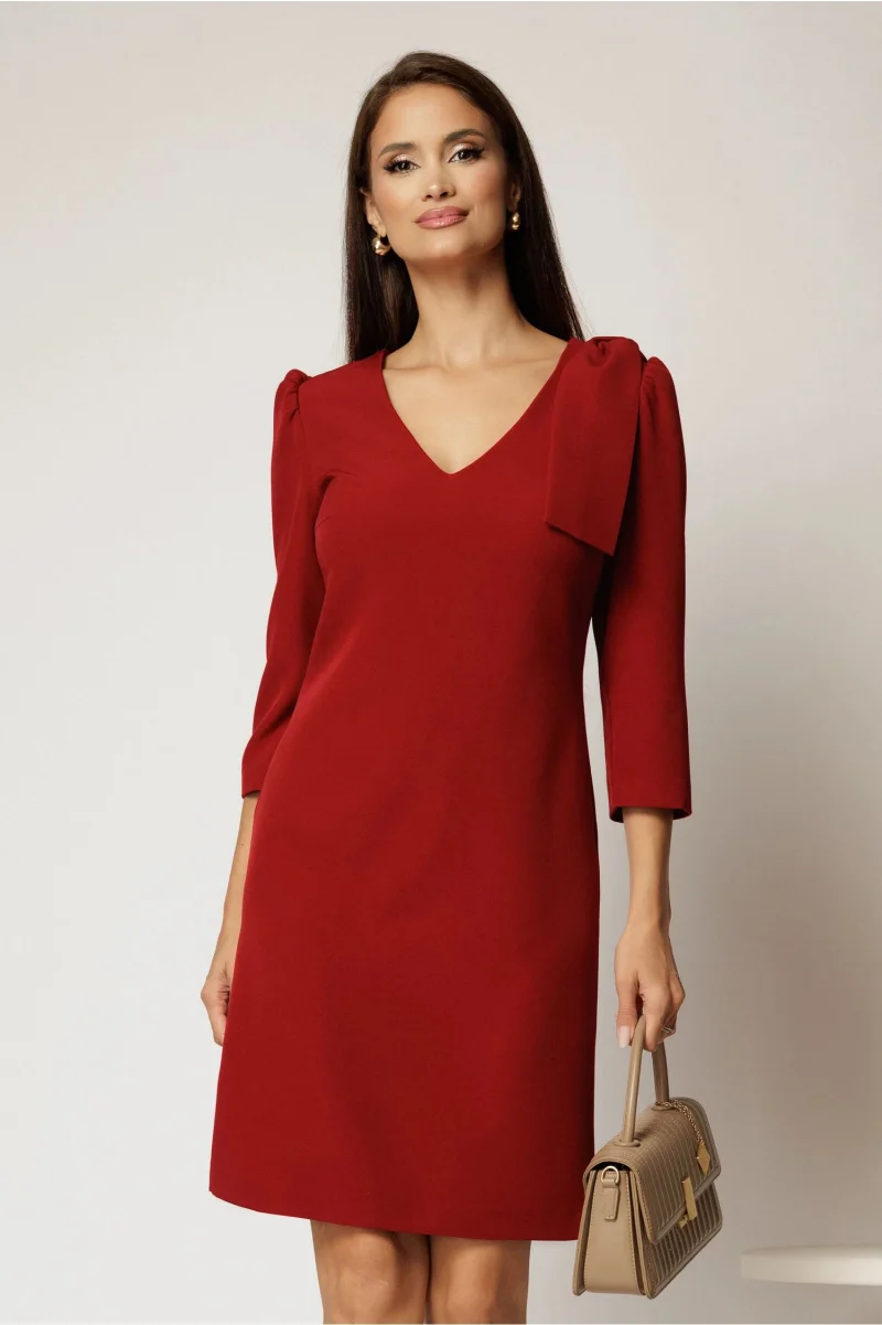 Rochie DY Fashion bordo cu decolteu V si funda pe umar