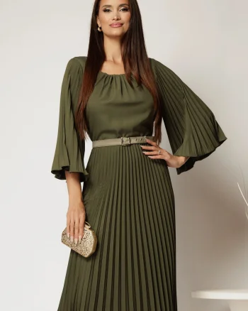 Rochie midi kaki plisata cu croi clos si decolteu rotund cu pliuri