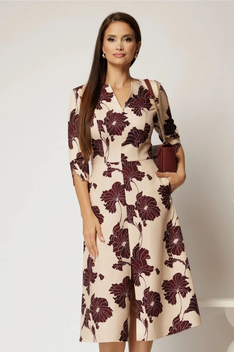 Rochie bej cu imprimeu floral grena