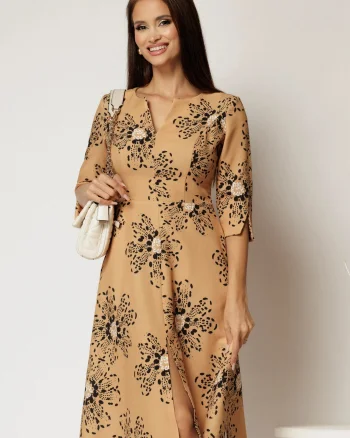 Rochie midi galben mustar cu imprimeu floral negru