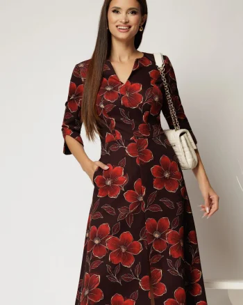 Rochie midi mov pruna cu imprimeu floral bordo