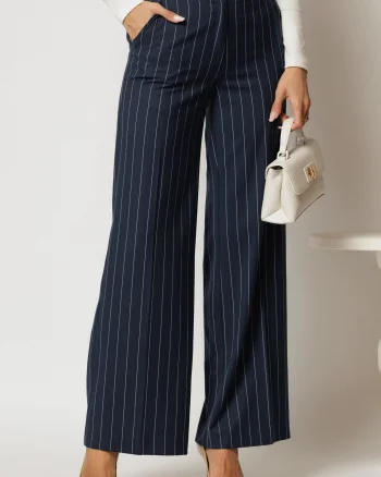 Pantaloni DY Fashion lungi bleumarin cu dungi din stofa si croi lejer