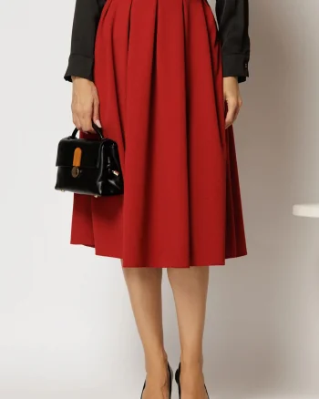 Fusta DY Fashion midi rosie din crep cu pliuri si curea in talie