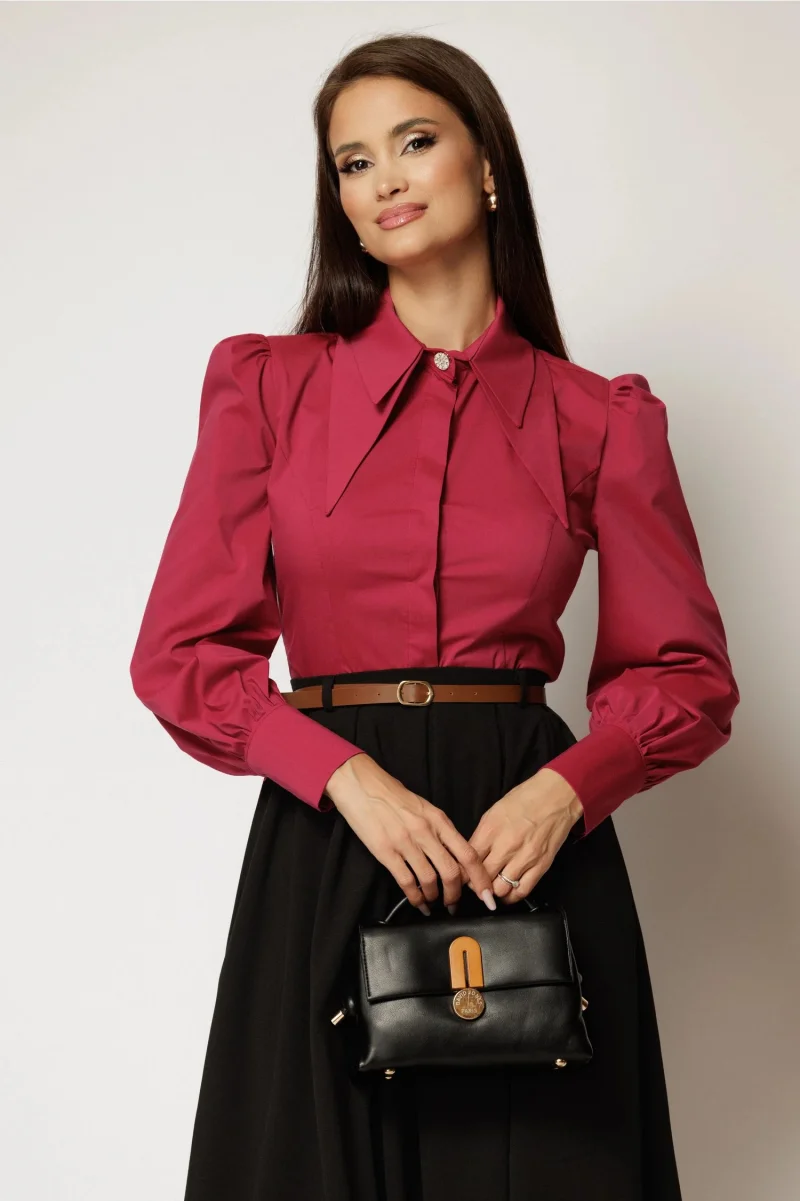 Camasa DY Fashion magenta din poplin cu guler dublu si croi cambrat