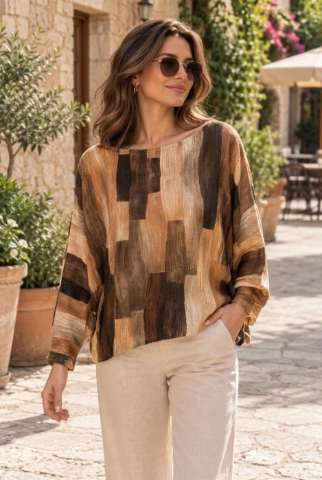 Bluza cu maneca fluture si imprimeu pictural  pensulat, nuante de bej
