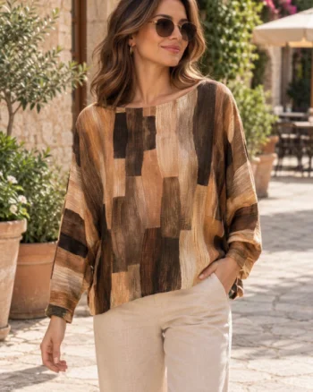 Bluza cu maneca fluture si imprimeu pictural  pensulat, nuante de bej