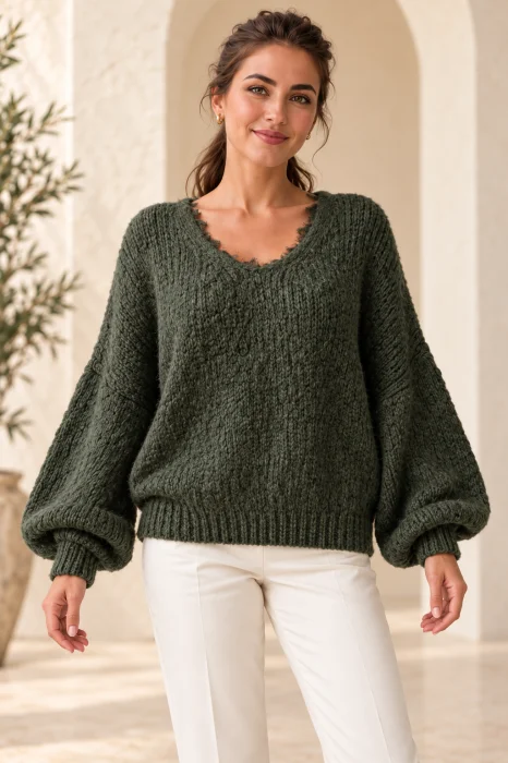 Pulover pufos verde kaki, oversize cu dantela la decolteu in V si maneci bufante