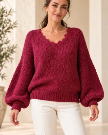 Pulover pufos bordo, oversize cu dantela la decolteu in V si maneci bufante