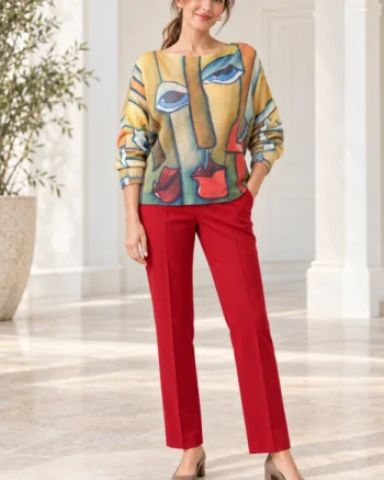 Bluza tricotaj subtire cu imprimeu cubist pe fond galben mustar