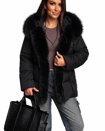 Geaca parka dama scurta matlasta neagra cu blana eco si gluga Alyona