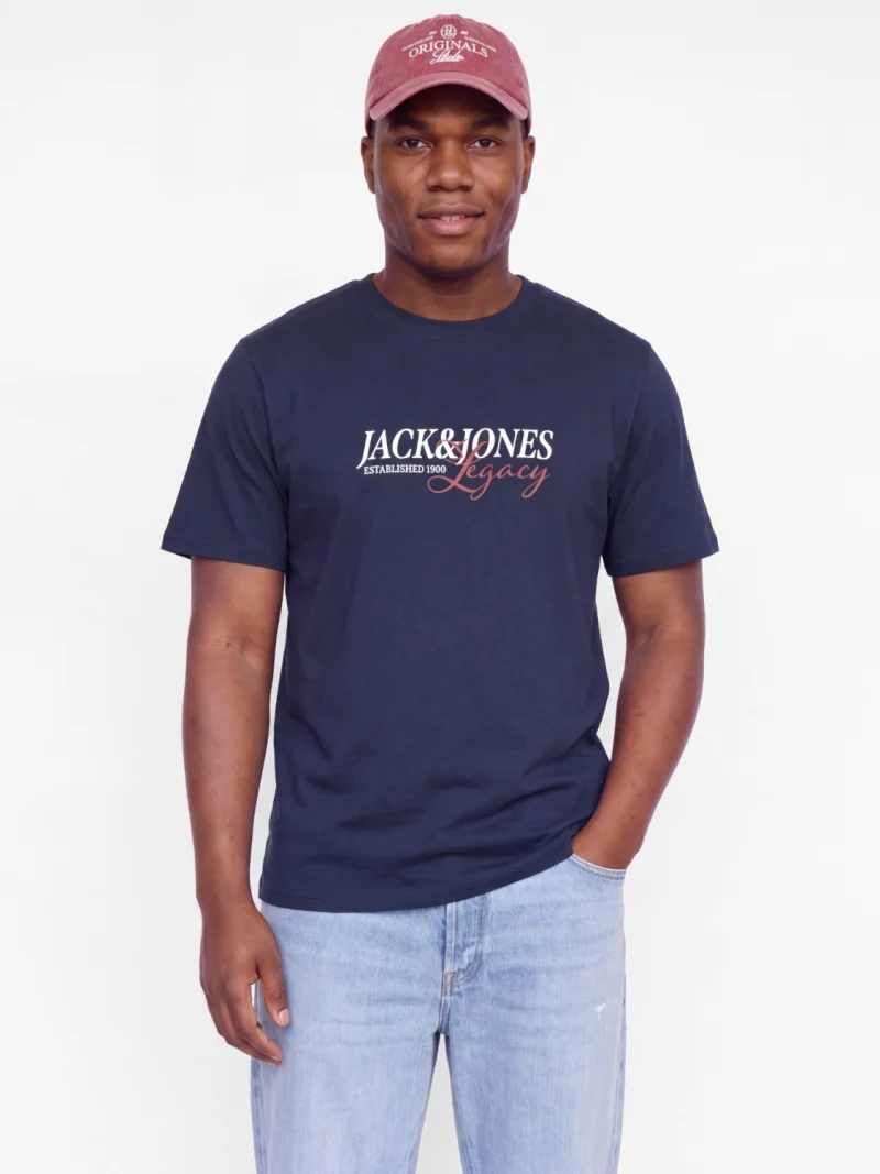 Jack & Jones Plus Tricou barbati big sizes, la baza gatului, din bumbac, cu logo, Relaxed Fit, Albastru inchis (SELECTATI MARIMEA: 3XL)