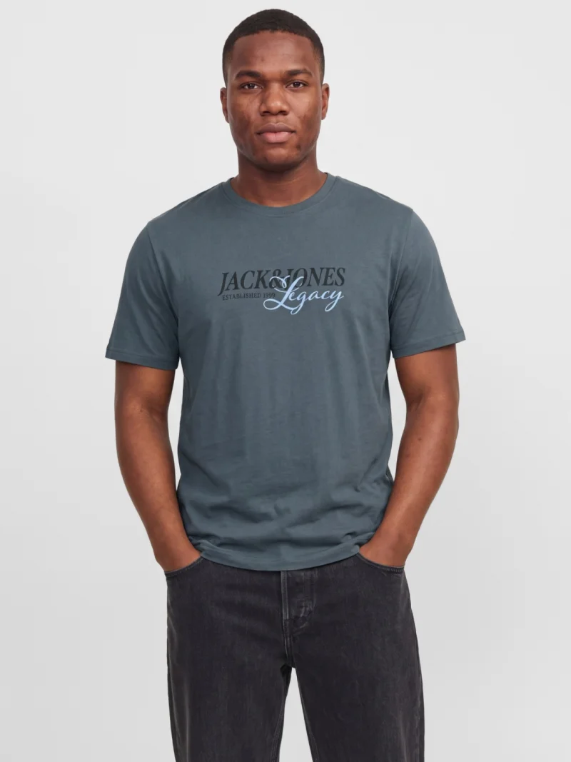 Jack & Jones Plus Tricou barbati big sizes, la baza gatului, din bumbac, cu logo, Relaxed Fit, Gri albastrui (SELECTATI MARIMEA: 4XL)