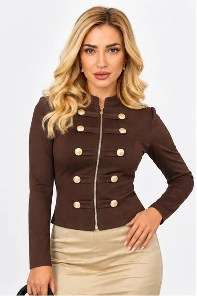 Bluza dama VELSIA, cambrata, cu fermoar frontal si nasturi aurii decorativi, Maro
