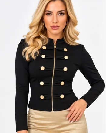 Bluza dama VELSIA, cambrata, cu fermoar frontal si nasturi aurii decorativi, Negru