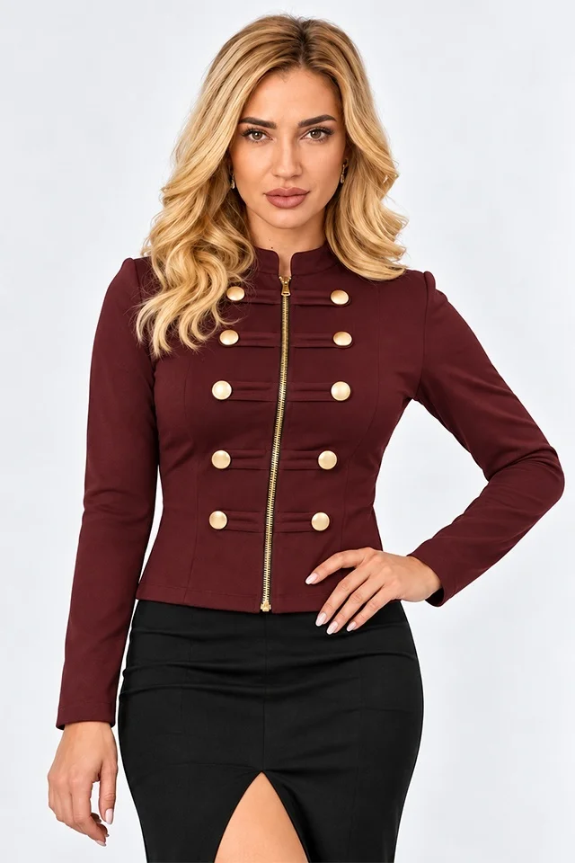 Bluza dama VELSIA, cambrata, cu fermoar frontal si nasturi aurii decorativi, Burgundy