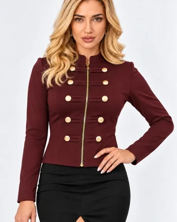 Bluza dama VELSIA, cambrata, cu fermoar frontal si nasturi aurii decorativi, Burgundy