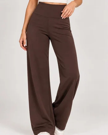 Pantaloni dama lycra OISO cu talie inalta, croi larg si banda lata, Maro