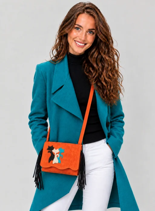 Geanta crossbody handmade, cu pisicute  ,din piele naturala portocalie