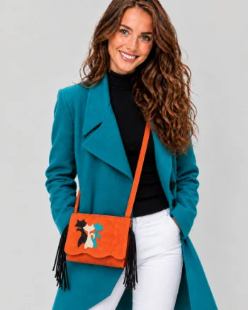 Geanta crossbody handmade, cu pisicute  ,din piele naturala portocalie