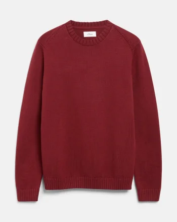 s.Oliver Pulover barbati din bumbac, tricotat fin, cu decolteu la baza gatului, Regular fit, Bordeaux (SELECTATI MARIMEA: S)