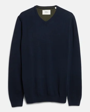 s.Oliver Pulover tricotat barbati, din bumbac cu anchior, Regular fit, Bleumarin inchis (SELECTATI MARIMEA: S)